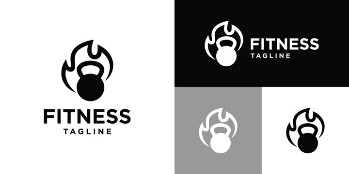 Vector design template of kettlebell logo combination with fire. Fitness, sport, spirit. Icon symbol EPS 10.