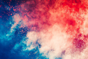 Fototapeta premium Celebration colorful firework on America flag pattern on sky background, red blue white strip concept for USA 4th july independence day, symbol of patriot freedom and democracy in memorial day.