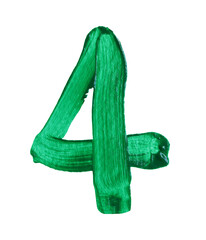 Artistic green numeral four showcasing a smooth texture and vibrant color with transparent image of PNG format extension.