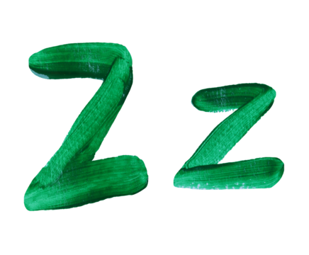 Artistic representation of the letters Z and z painted in vibrant green with transparent image of PNG format extension.