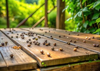 Close-Up View of Bird Droppings on a Wooden Surface in Natural Outdoor Environment with Greenery