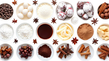 Fototapeta premium Holiday baking ingredients arranged neatly on a table on white background