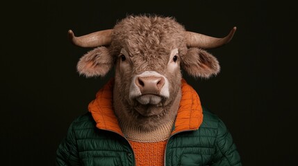 Naklejka premium Bull in a Green and Orange Winter Jacket Animal Portrait 4K Photorealistic