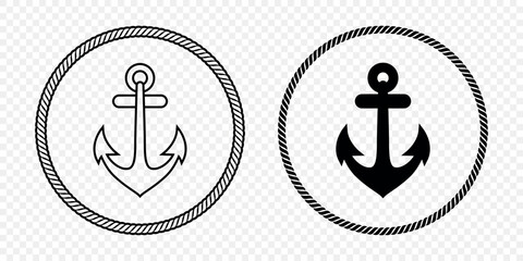 Anchor Icon Set. Flat Monochrome Anchor Shapes in Circular Rope Frame. Nautical Anchor Symbols, Marine Rope Border Design. Vector Illustration