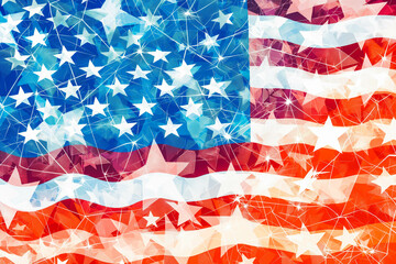 Fototapeta premium Celebration colorful firework on America flag pattern on sky background, red blue white strip concept for USA 4th july independence day, symbol of patriot freedom and democracy in memorial day.