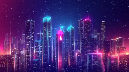 Naklejka premium Neon Cityscape at Night with Vibrant Lights