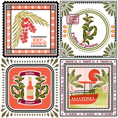 Jambu Amazônia Brazil tropical palm leaf flower geometric ornament pattern seamless illustration watercolor vector