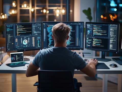 A web developer working on code, multiple monitors displaying website layouts and code editors, focused in a modern tech office
