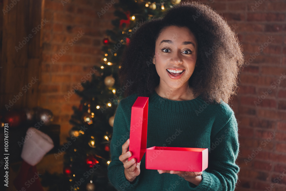 Canvas Prints Portrait of nice young girl open festive giftbox wear sweater new year xmas holiday flat indoors