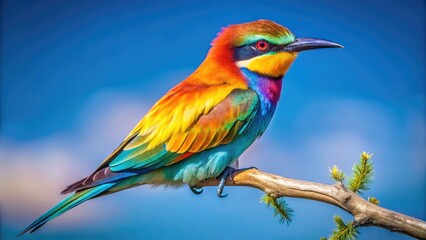 Obraz premium Colorful Bird Clip with Vibrant Feathers Perched on a Branch Against a Clear Blue Sky Background