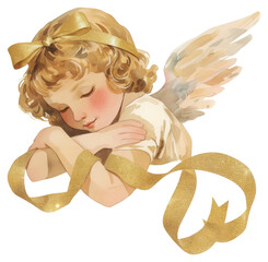 Fototapeta premium PNG Serene angel with golden ribbon