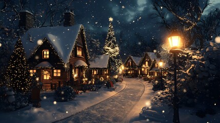 Naklejka premium A realistic 3D depiction of a snowy Christmas village with charming cottages and a softly glowing street lamp, ideal for holiday-themed projects