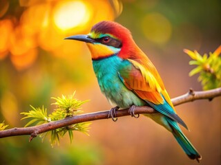 Colorful Bird Perched on a Branch Against a Softly Blurred Natural Background in Warm Lighting