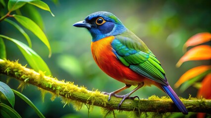 Fototapeta premium Colorful bird perched gracefully on a slender branch surrounded by lush greenery in a tranquil setting