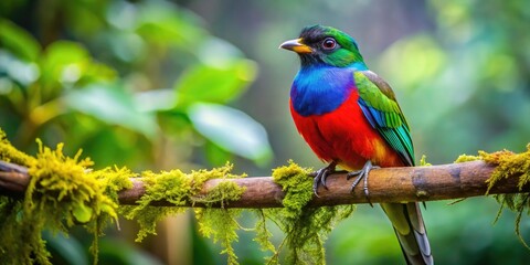 Obraz premium Colorful Bird Perched on a Branch in a Lush Green Forest Displaying Vibrant Feathers and Beauty