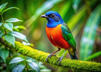 Obraz premium Colorful Bird Perched on a Branch Surrounded by Lush Green Foliage in Natural Habitat Setting