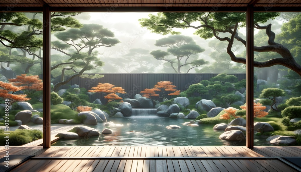 Sticker Serene Japanese Garden Revealed Through Traditional Doorway Showcasing Peaceful Simplicity in Nature