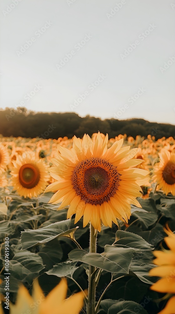 Wall mural a vibrant sunflower field basking in the summer sun, with a clear sky providing an ideal backdrop