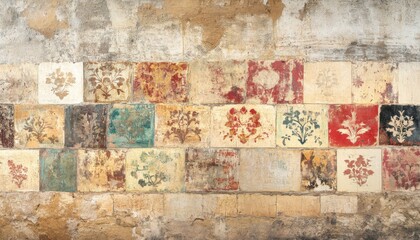 A wall with colorful, patterned tiles.