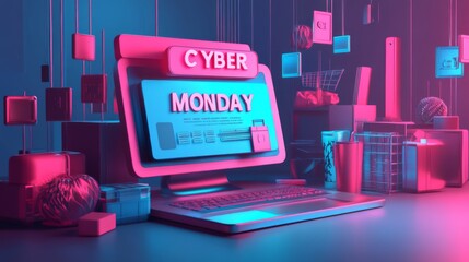 Neon-Lit Laptop Displaying "Cyber Monday" with Surrounding Geometric Objects