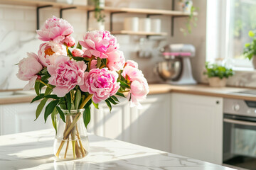 Beautiful Peonies in Vase on Granite Countertop Island in Stylish White Minimal Kitchen with Wooden Shelves in New House