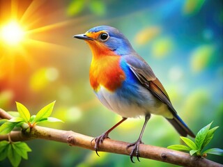 Obraz premium Colorful easy bird perched on a branch against a blurred natural background during sunny day