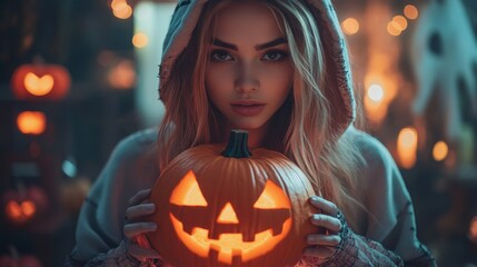 Halloween Night with Hooded Girl Holding Glowing Jack-O-Lantern