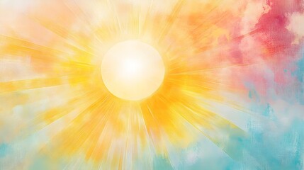 Obraz premium A realistic depiction of the sun with vibrant rays extending outward, set against a light pastel background for a serene effect