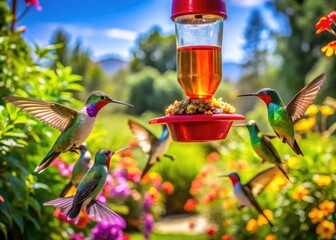 Colorful Hummingbird Feeder Attracting Birds in a Vibrant Garden Setting During Bright Sunny Day