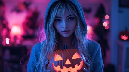 Halloween Night with Hooded Girl Holding Glowing Jack-O-Lantern