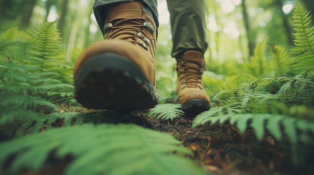 dynamic shot from below of hiking boot trampling lush ferns in vibrant forest, showcasing beauty of nature and thrill of outdoor adventures