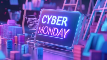 Neon Sign with "Cyber Monday" Text Surrounded by Shopping-Themed Objects