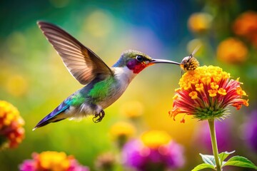 Fototapeta premium Colorful Hummingbird Hovering Near a Flower with a Bee Collecting Nectar in a Vibrant Garden Scene