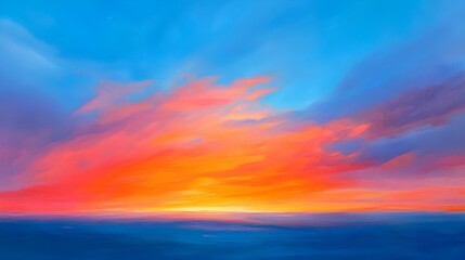 Fototapeta premium A vibrant sunset with orange and pink hues blending into the deep blue sky, casting a warm glow on a tranquil landscape
