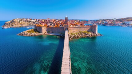 Fototapeta premium Aerial View of Visby Gotland Island Sweden Medieval City Walls Bridge Clear Blue Wat