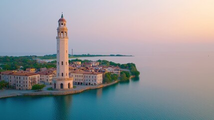 Aerial View of Visby Town with Tall Tower at Sunset