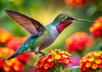 Fototapeta premium Colorful Hummingbird with Long Beak Feeding on Vibrant Flowers in a Lush Garden Setting