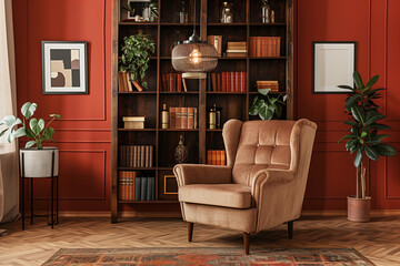 Stylish Retro Living Room with Brown Armchair, Wooden Bookcase, Pendant Lamp, and Elegant Home Decor