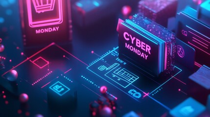 Cyber Monday Sale Announcement with Neon Lights and Geometric Shapes