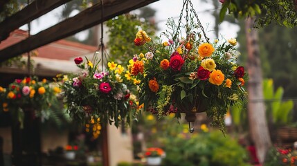Obraz premium Vibrant Hanging Flower Baskets in a Garden Setting