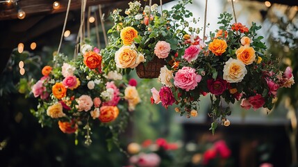 Vibrant Hanging Flower Baskets in Garden Setting