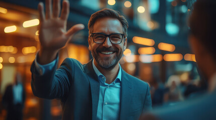 business leader celebrating success with warm smile and friendly wave, showcasing positive atmosphere in professional setting