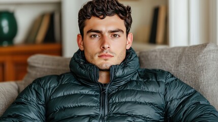 Obraz premium Handsome Man in Green Puffer Jacket Casual Portrait Winter Fashion