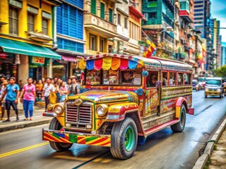 Obraz premium Colorful Jeepneys Transporting Passengers Through Busy Streets in the Philippines Urban Landscape