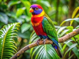 Obraz premium Colorful Kaw Kaw Bird Perched on Branch in Lush Tropical Environment with Green Foliage Background