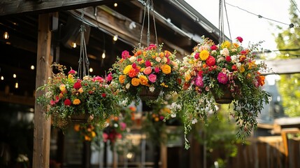 Fototapeta premium Vibrant Hanging Flower Baskets in Rustic Setting