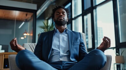 Corporate professional finding tranquility through meditation, seated on an office chair with eyes closed and deep in peace