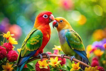 Obraz premium Colorful Love Birds and Playful Parakeet Together in a Vibrant Natural Setting Capturing Affection