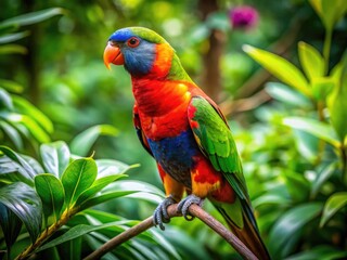 Colorful Parrot Perched on a Branch Surrounded by Lush Green Foliage in Tropical Environment