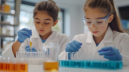 Two young girls in lab coats and goggles conduct an experiment with test tubes